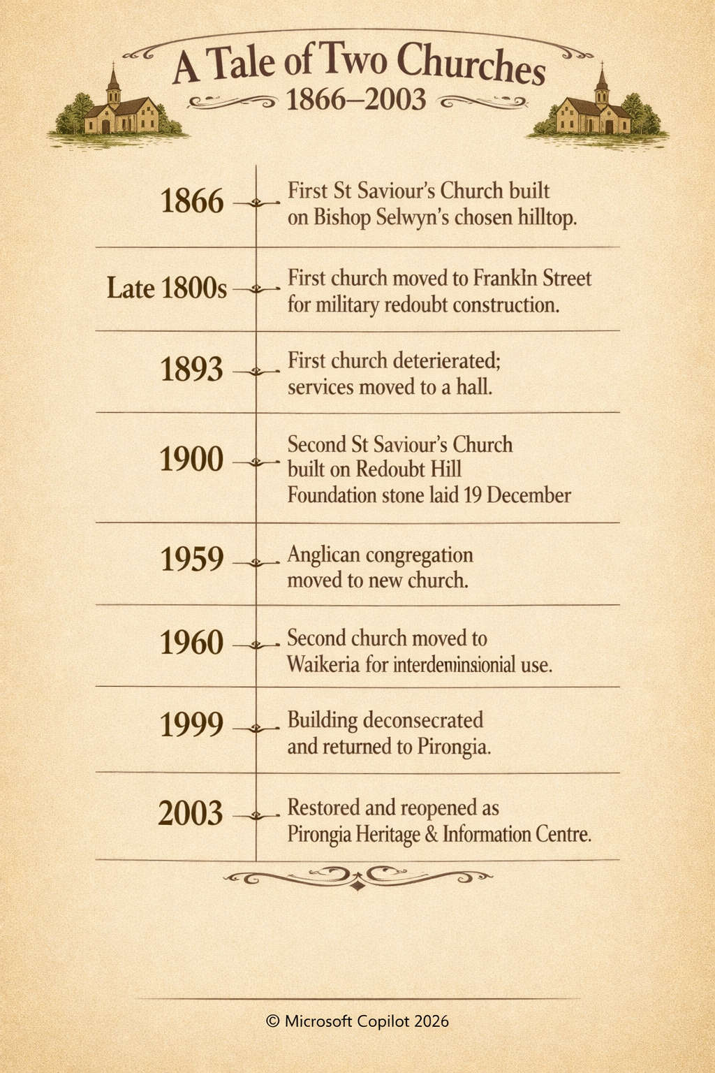 A timeline of church construction and placement in Pirongia from 1866 to 2003
